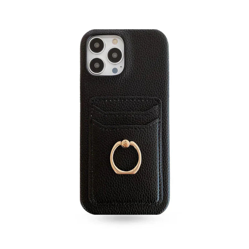 Black genuine leather ring holder phone case suitable for Apple phones