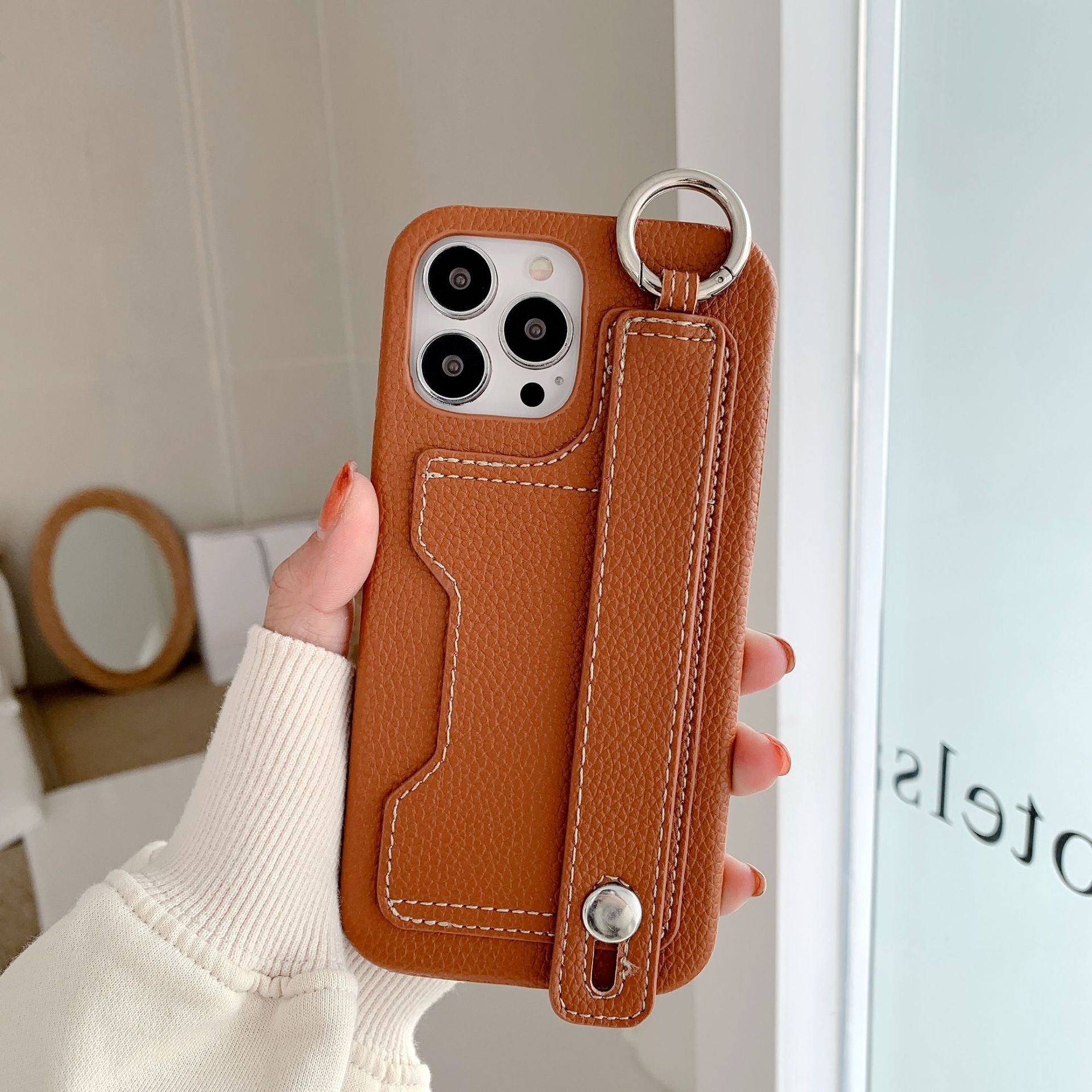 Stylish leather phone case, suitable for iPhone, with card slot and wrist strap protection