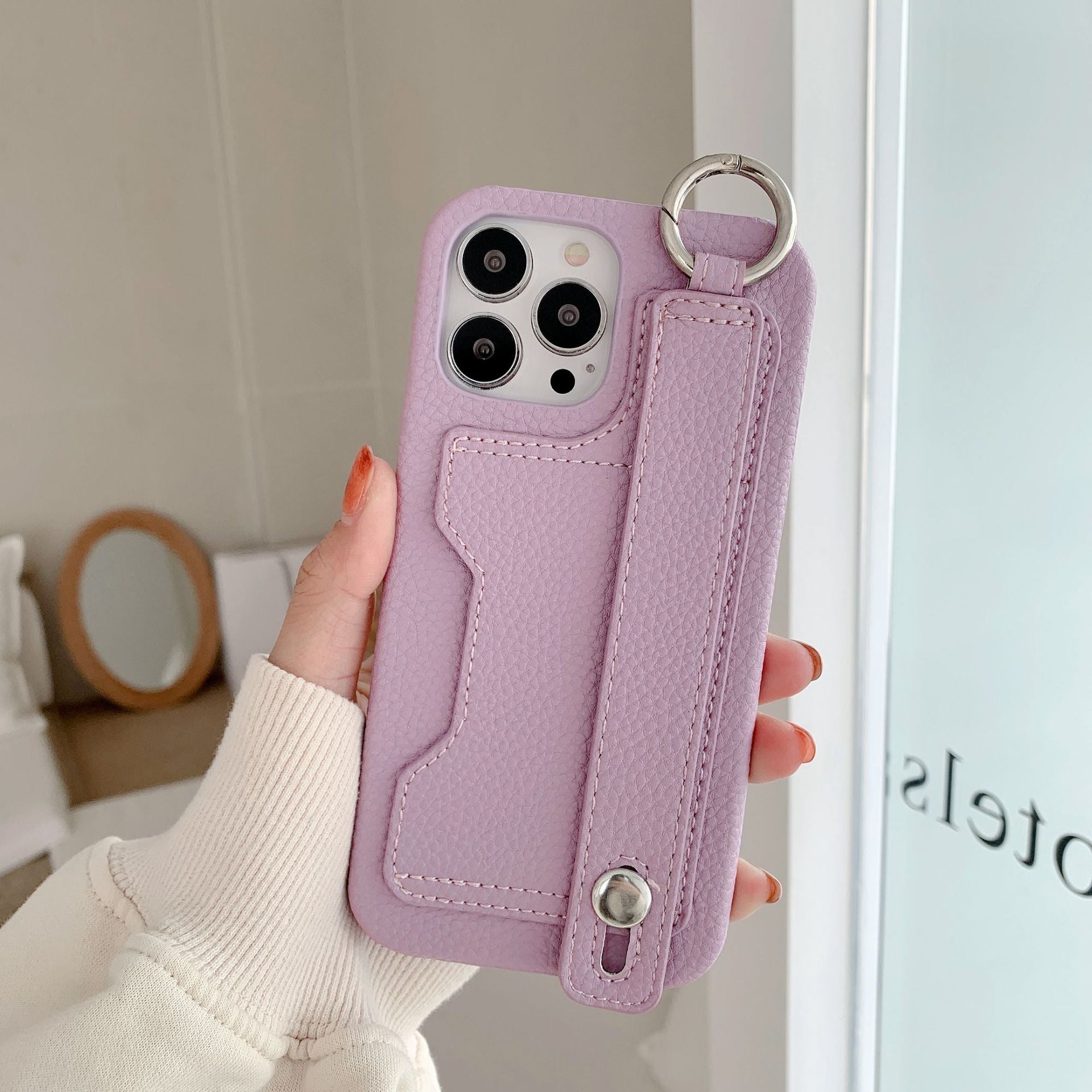Stylish leather phone case, suitable for iPhone, with card slot and wrist strap protection