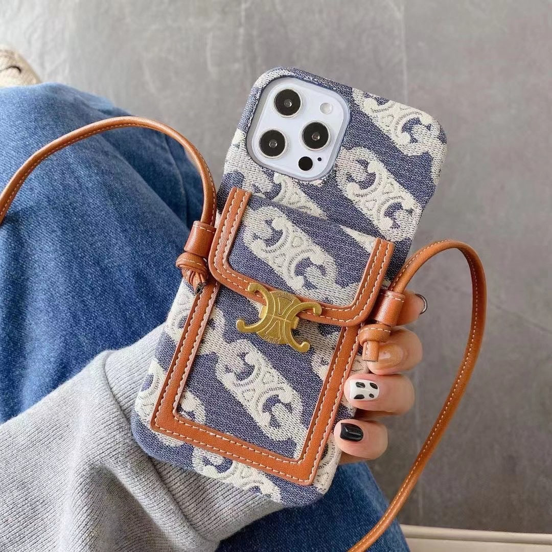 Old leather sling strap card holder phone case, suitable for iPhone