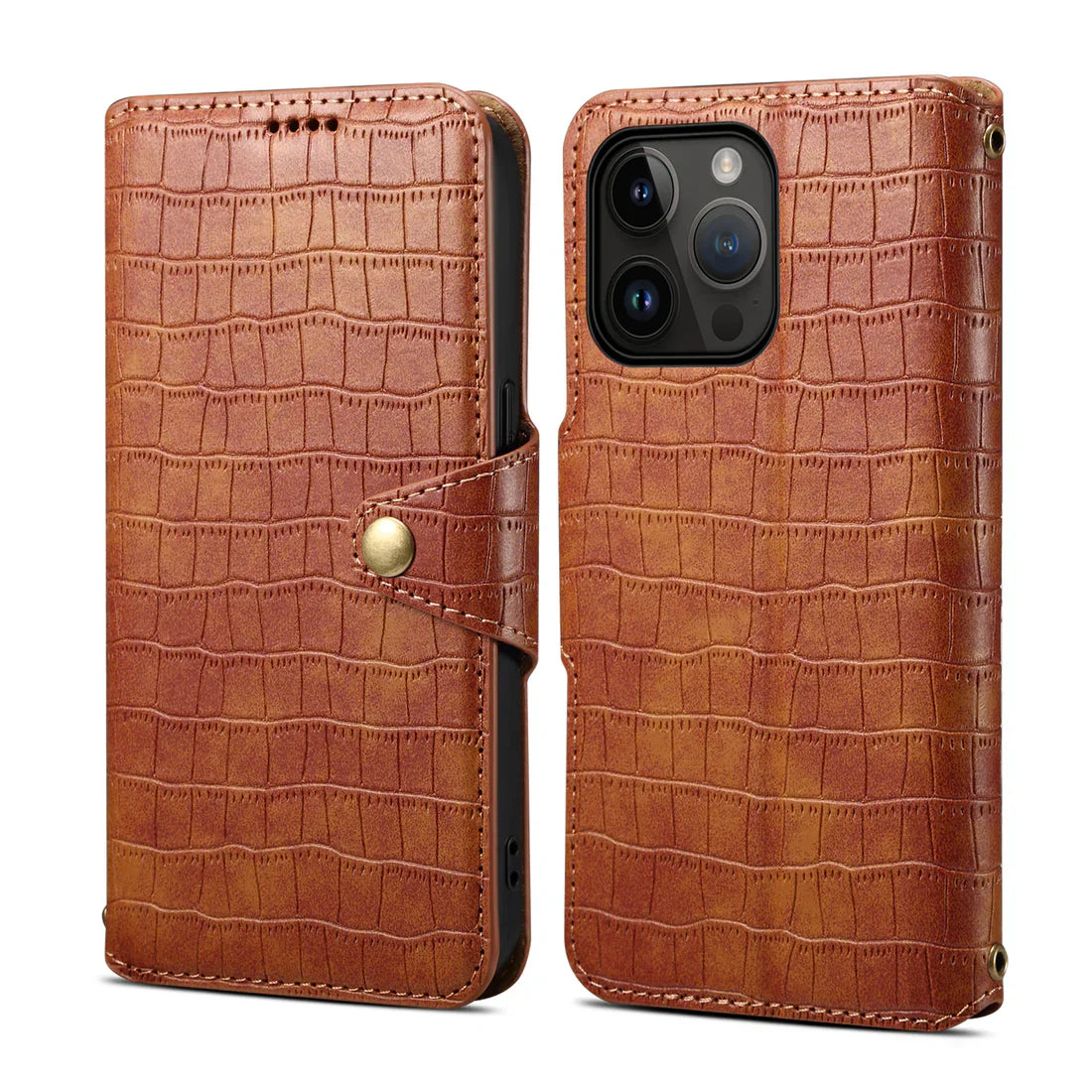 Alligator Print Phone Case With Wallet And Strap For iPhone Brown-644008992020