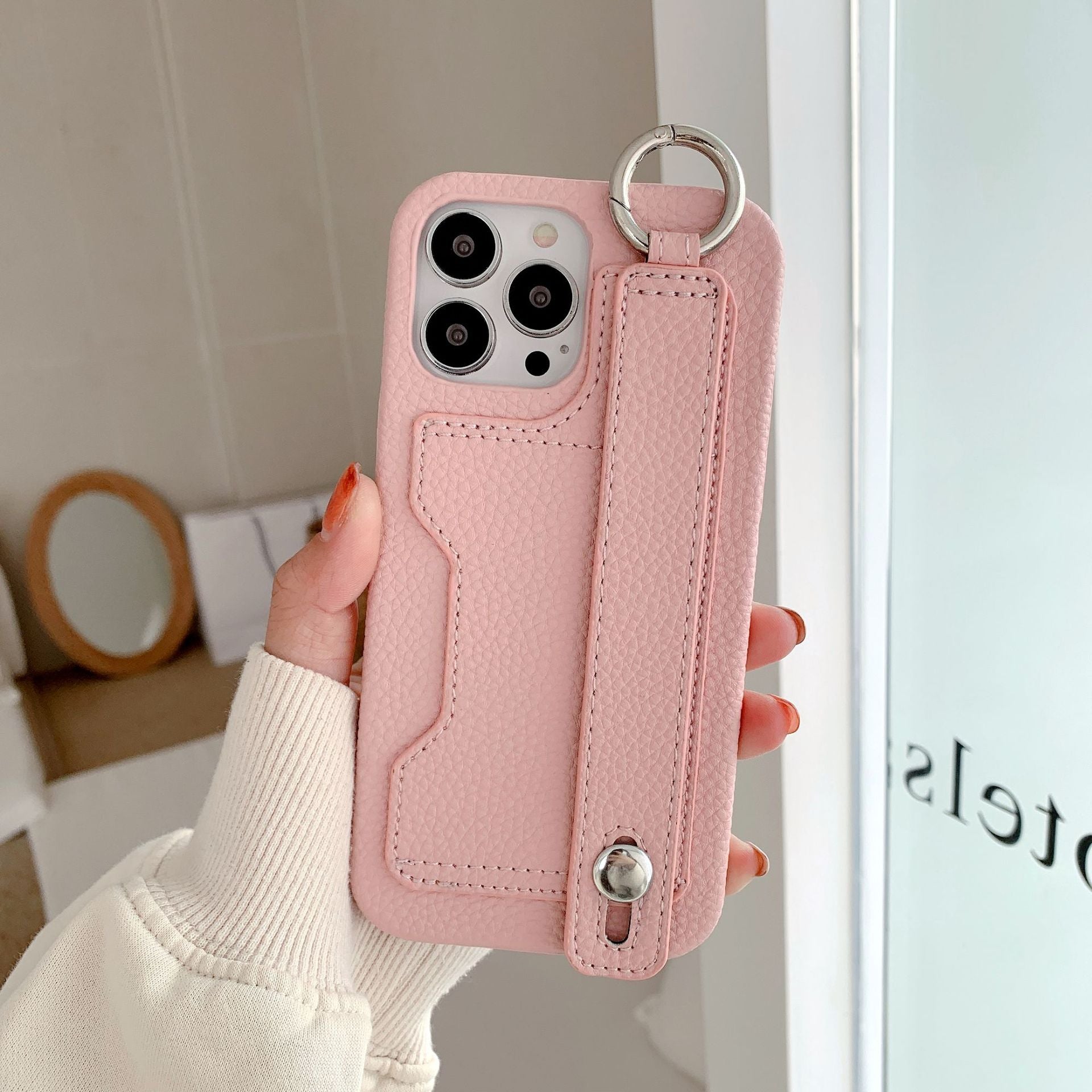 Stylish leather phone case, suitable for iPhone, with card slot and wrist strap protection