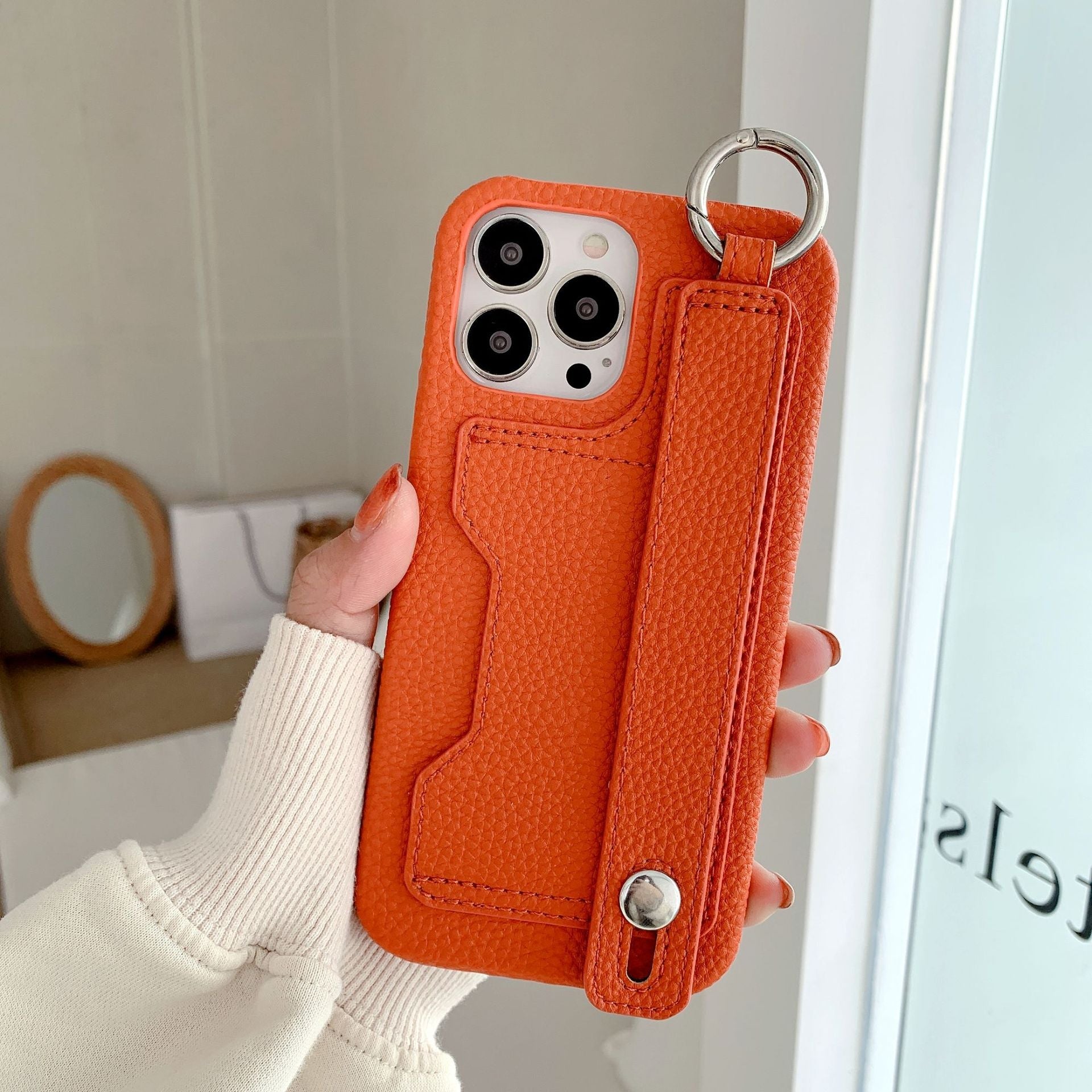 Stylish leather phone case, suitable for iPhone, with card slot and wrist strap protection