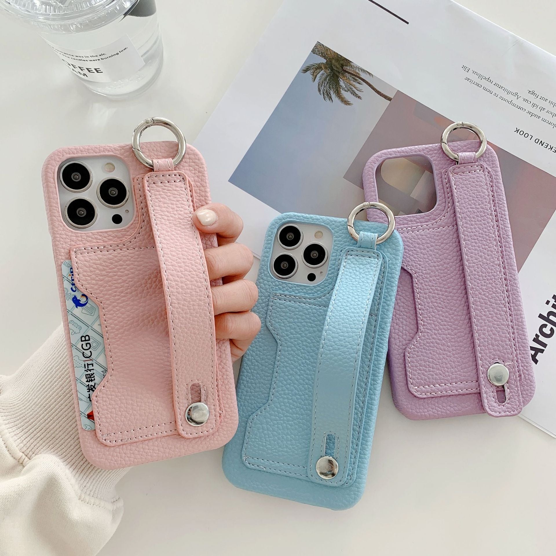 Stylish leather phone case, suitable for iPhone, with card slot and wrist strap protection